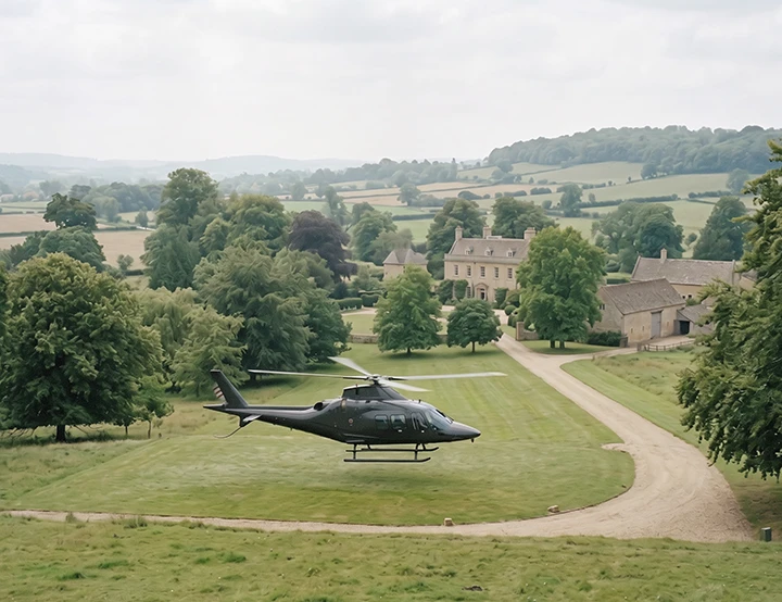 Helicopter hovering for take-off on a coutnry estate