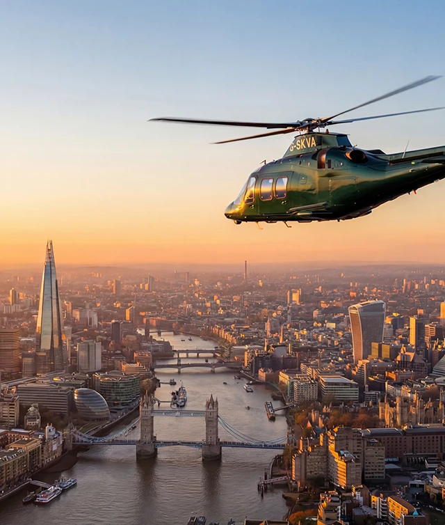 Helicopter flying over London and the Thames